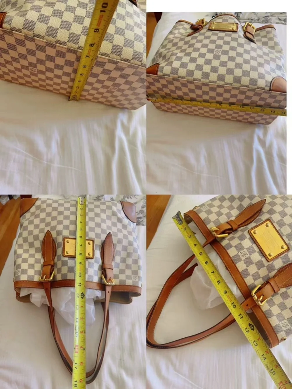 LOUIS VUITTON Damier Azur Hampstead MM Bag  Tote Bag with Tan Trim - Beige/White